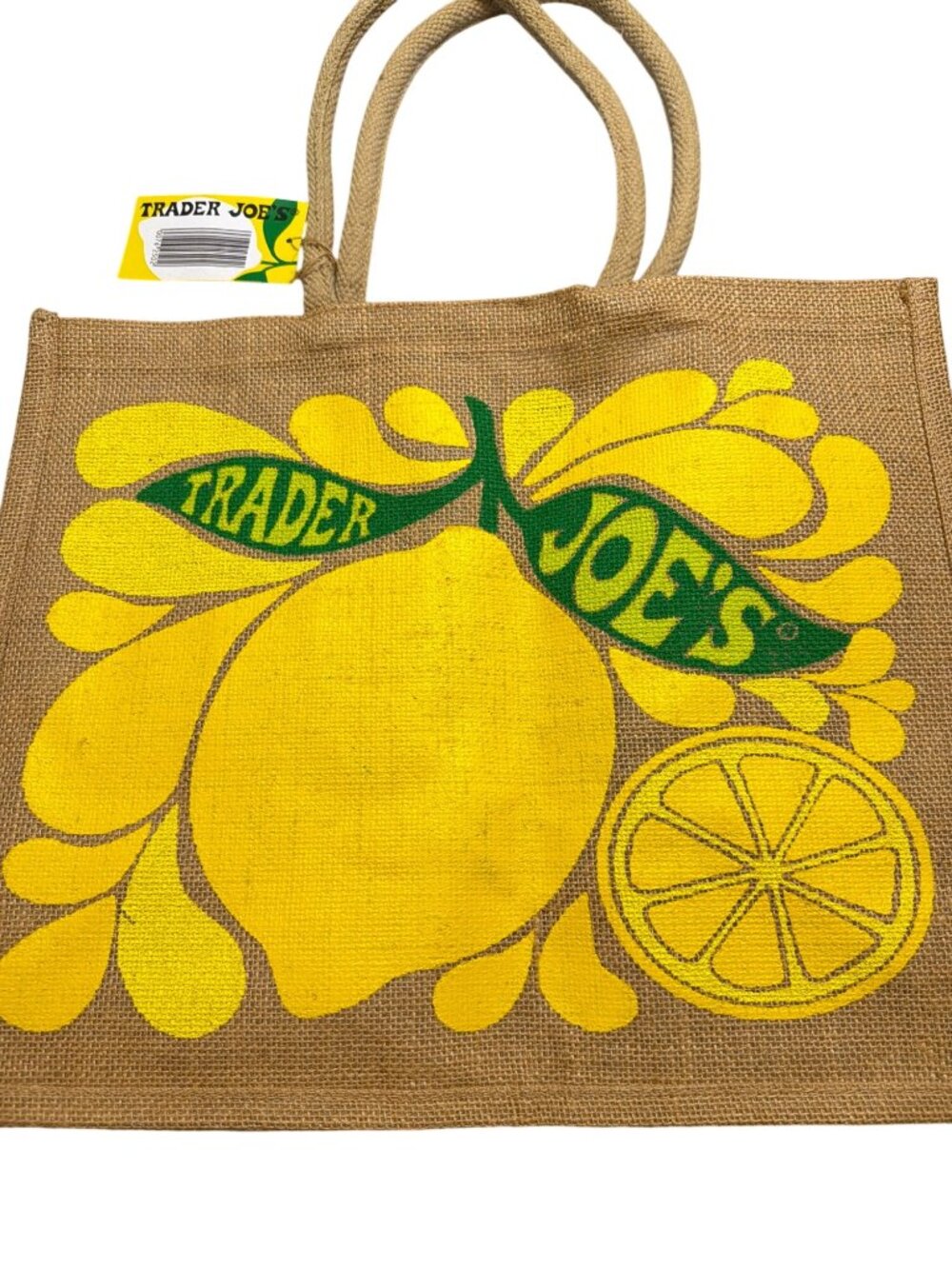 Trader Joes Lemon Lime Design Jute Tote Bag Cotton Handles Retired Citrus NWT - Picture 3 of 6
